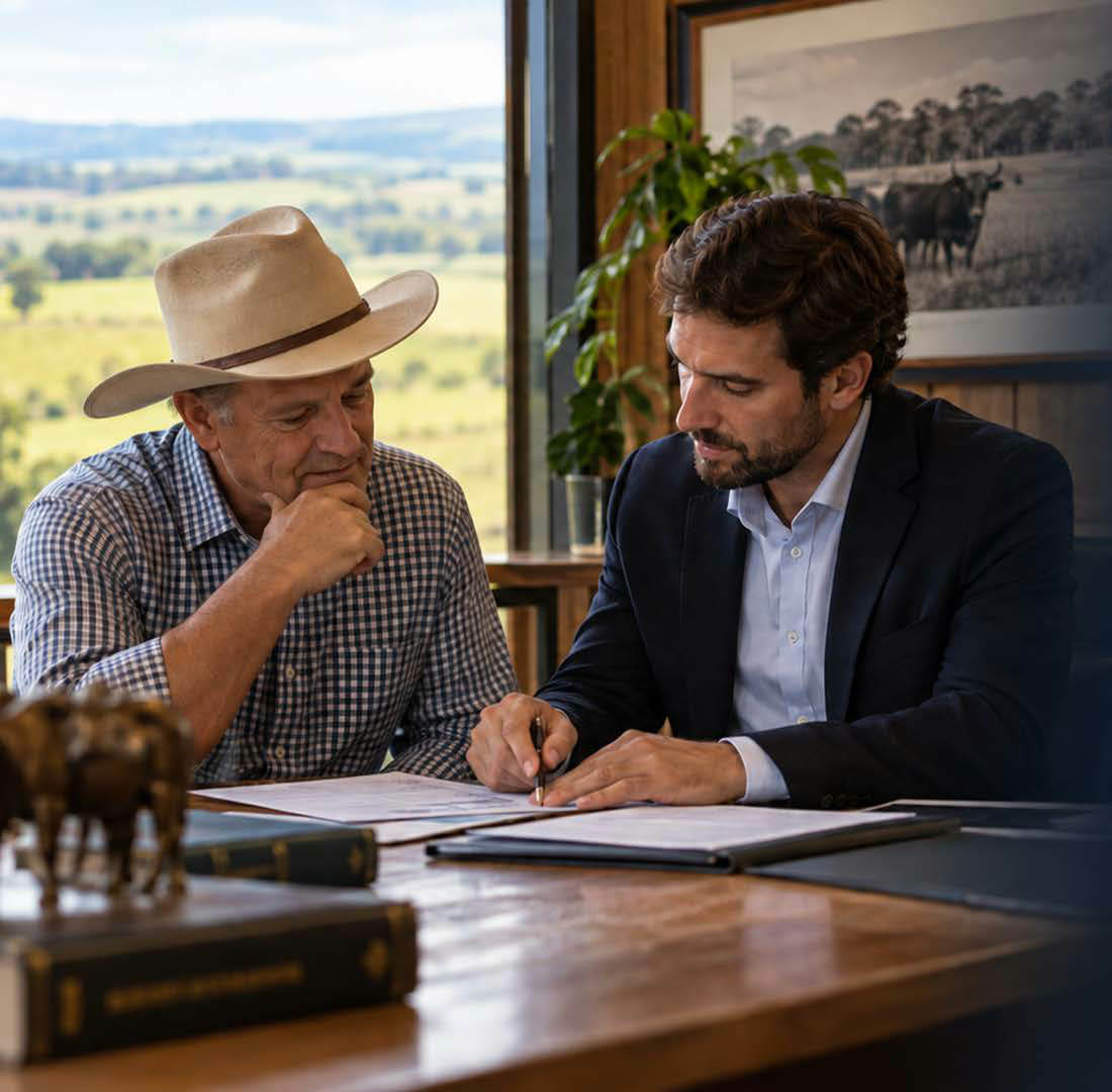 Produtor e consultor revisando documentos em uma mesa