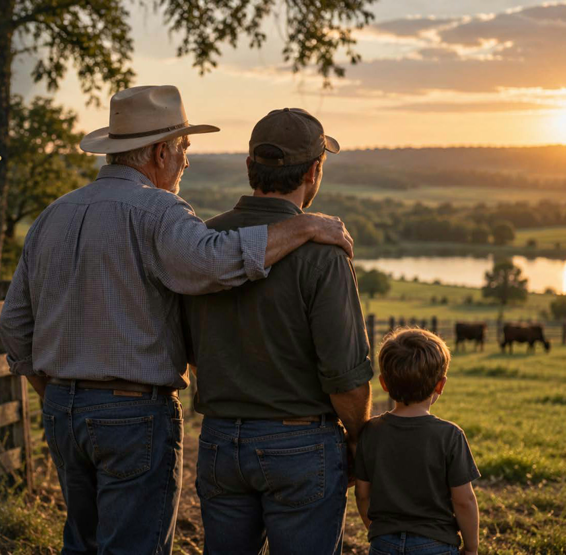 Avô, pai e neto observando a propriedade ao entardecer